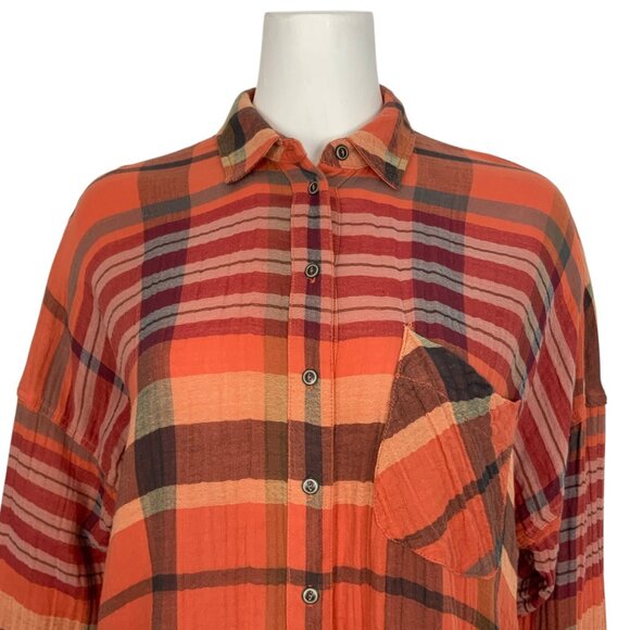 Free People Year Round Buttondown Shirt XS Orange Plaid Oversized Fall Fashion - Picture 8 of 14